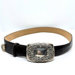 Vintage Brighton Silver Floral Buckle Leather Belt Brown Western Boho Embossed M